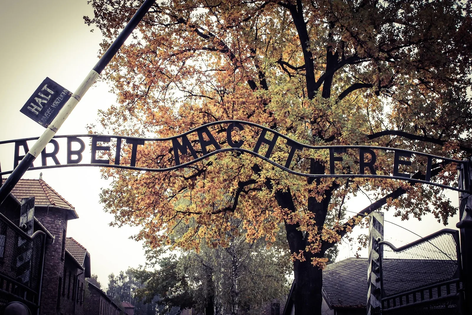 The Arbeit macht frei sign above the gate of the former German Nazi camp Auschwitz I in Oświęcim